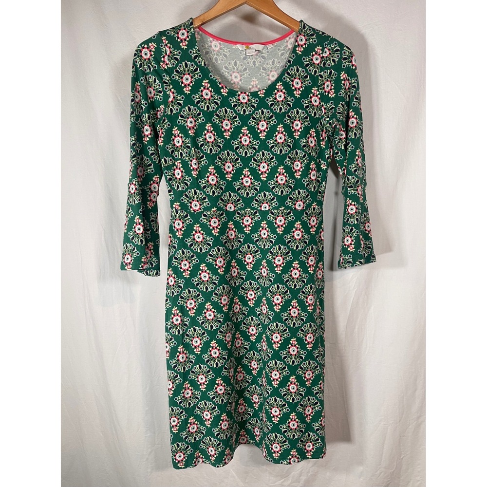 Boden Green Geometric Floral Jersey Dress 3/4 Bell Sleeve US 8L UK 12L